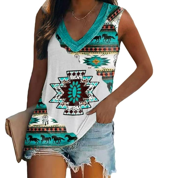 Graphic Tank Tops for Women, KZKR Sleeveless Western Ethnic Style Print Shirts Summer Vintage Aztec Ethnic Tank Tops for Women