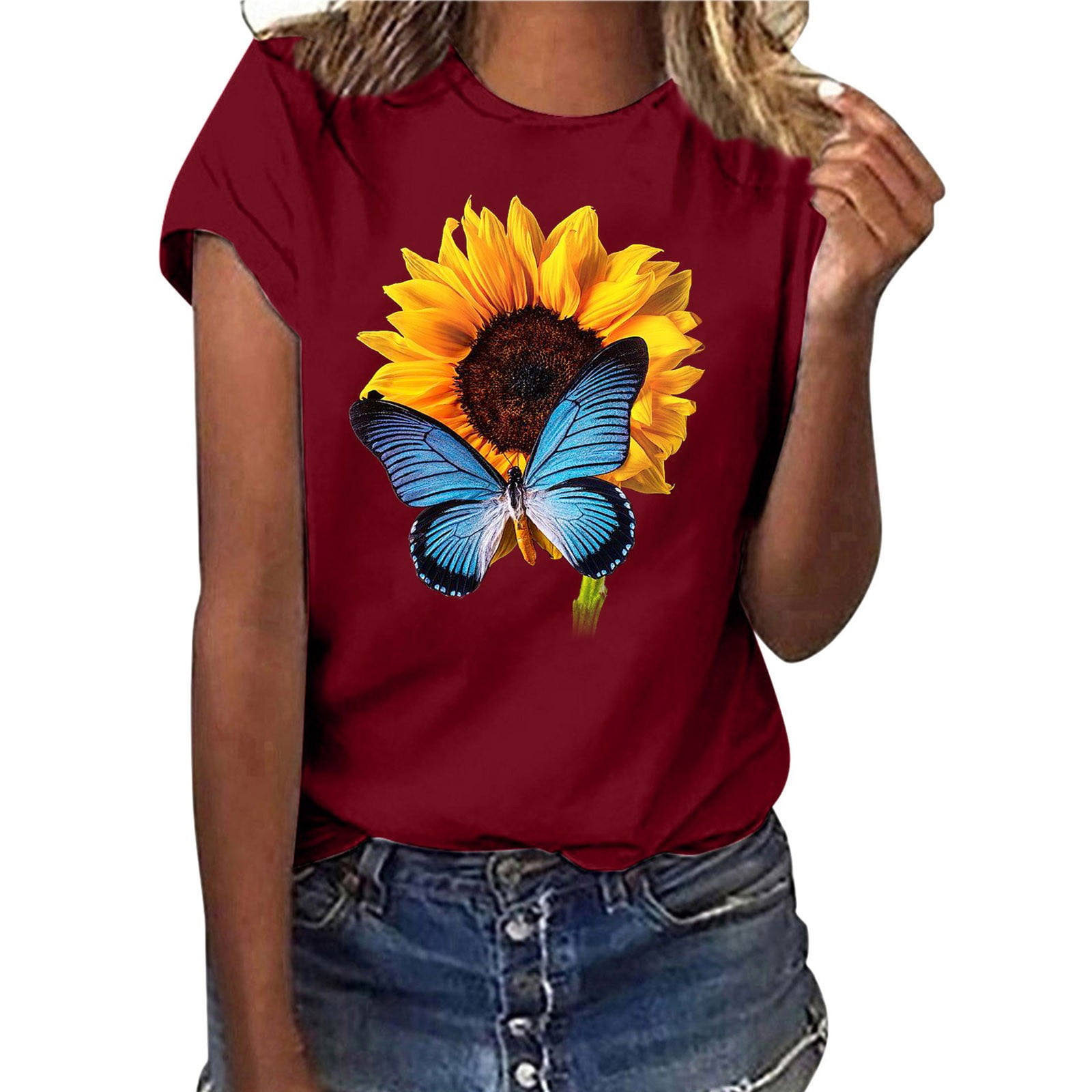 Graphic Tee Dress, 2021 Women's Fashion Sunflower Butterfly Print Round
