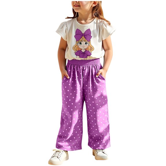 Graphic Tee Shirt + Pants For Kid Toddler Girl Clothes Summer Short Sleeve Tops Summer Outfits Set Purple 7-8 Years