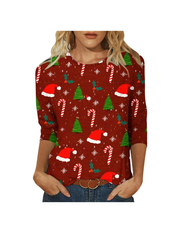 Graphic Tee Shirts Womens Christmas Crewneck Pullover Tops Holiday Outfits Long Sleeve Funny Printed Blouses