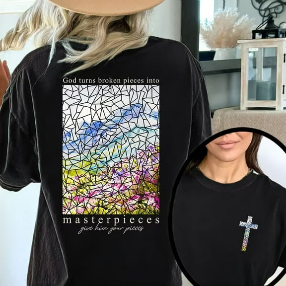Graphic Tee T-Shirt Top God Turns Broken Pieces Into Masterpieces Print Short Sleeve Round Neck Black S-5XL
