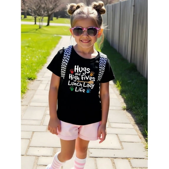 Graphic Tees - Adorable Black Knit Short Sleeve T-Shirt For Youngsters Girls, Soft Cotton, Round Neck, Machine Washable, Spring/Summer/Fall Casual Wear