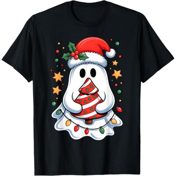 Graphic Tees，Comfort Streetwear T-Shirt，Funny Xmas Vibes Cute Ghost Lights Tree Cake Merry Christmas Tops，Fashion，cotton，black，S-5XL