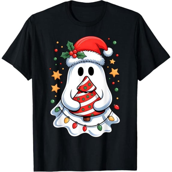 Graphic Tees,Comfort Streetwear T-Shirt,Funny Xmas Vibes Cute Ghost Lights Tree Cake Merry Christmas Tops,Fashion,cotton,black,S-5XL