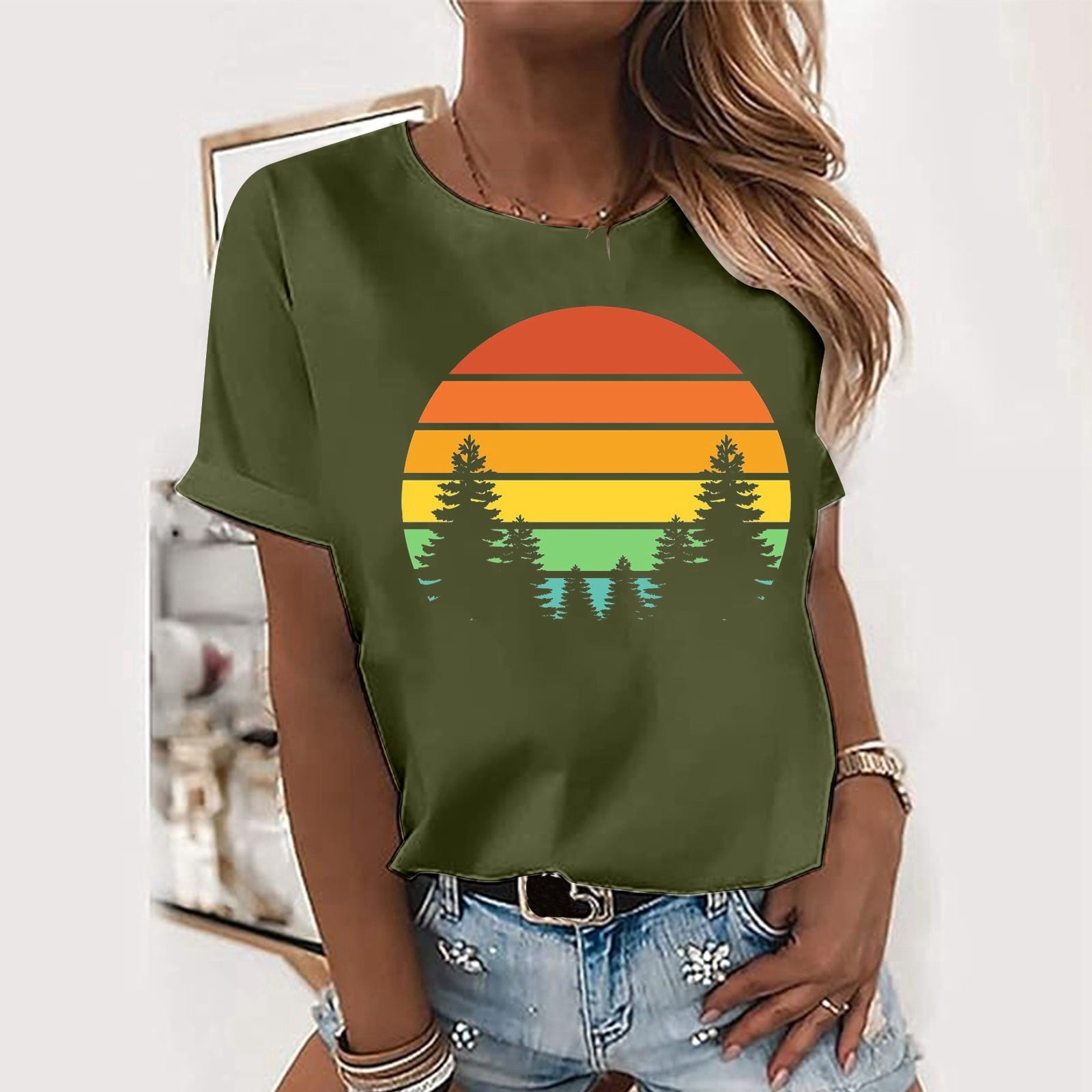 Graphic Tees For Women 2024 Fashion Women's Fashion Vacation Casual Sun