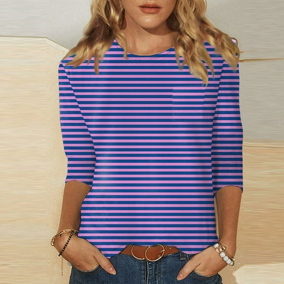 Graphic Tees For Women Casual Versatile Regular Stripe Print Round Neck Shirt Top Fall Basic Blouses Vacation Clothes