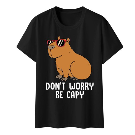 Graphic Tees For Women Vintage Ladies Fun Graphic Capybara Selfie Cute Cartoon Printed Multi Color Tshirts
