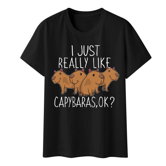 Graphic Tees For Women Vintage Ladies Fun Graphic Capybara Selfie Cute Cartoon Printed Multi Color Tshirts