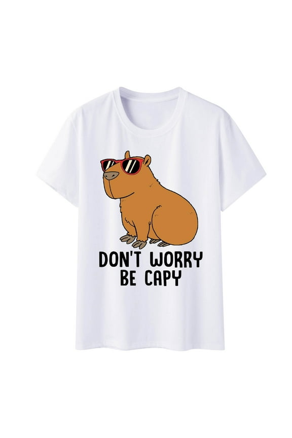 Graphic Tees For Women Vintage Ladies Fun Graphic Capybara Selfie Cute Cartoon Printed Multi Color Tshirts