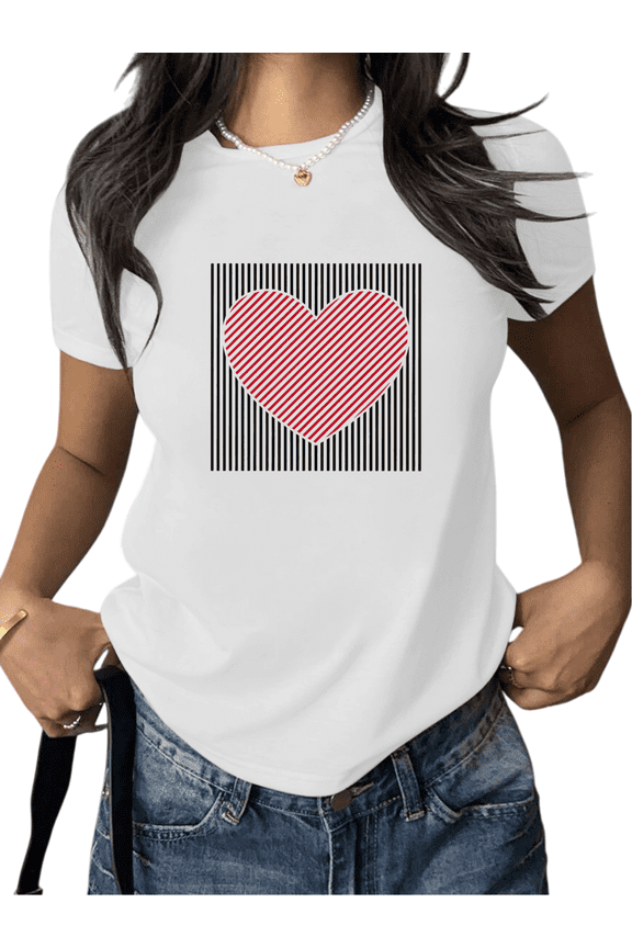 Graphic Tees Geometric Heart Print Tshirt Shirts White S-5XL Pure Cotton Red Striped Heart Square Frame Design Basic Wear Tops