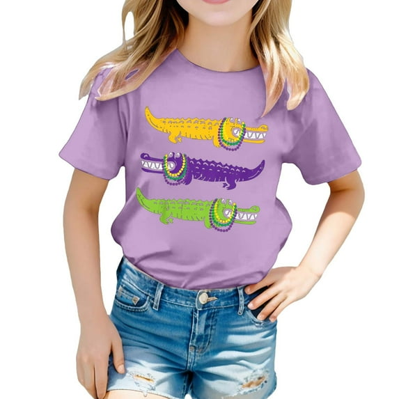 Graphic Tees Girls 10-12 Short Sleeve Casual Crewneck T-Shirt Animal Print Funny Mardi Gras Shirts Carnival Party Kids Boys Pullover Tops Light Purple 3-4 Years