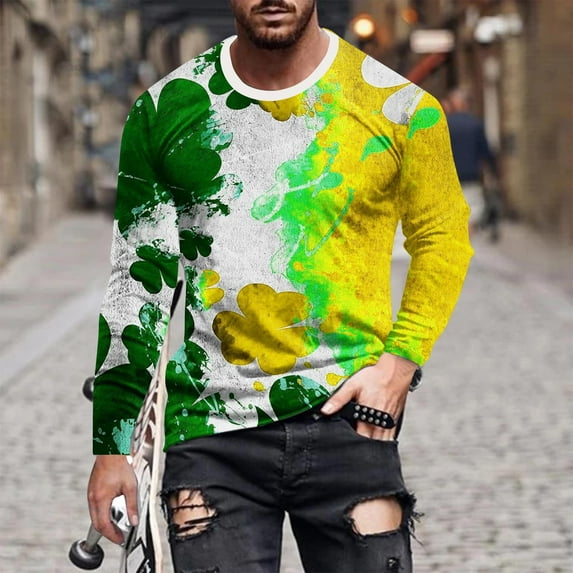 Graphic Tees for Men,Mens St Patrick Day Shirts,Mens St Patricks Day Shirts Long Sleeve Shamrock Sweatshirt Irish Clover T-Shirt Casual Round Neck Graphic Tees Tops