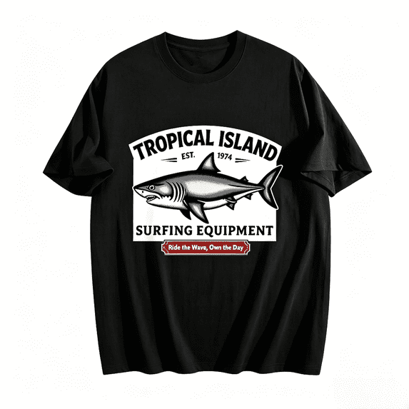 Graphic Tees Men 100% Cotton Vintage Surf Shop Shark Tee Tropical Island Est. 1974 Short Sleeve,Black,2XL