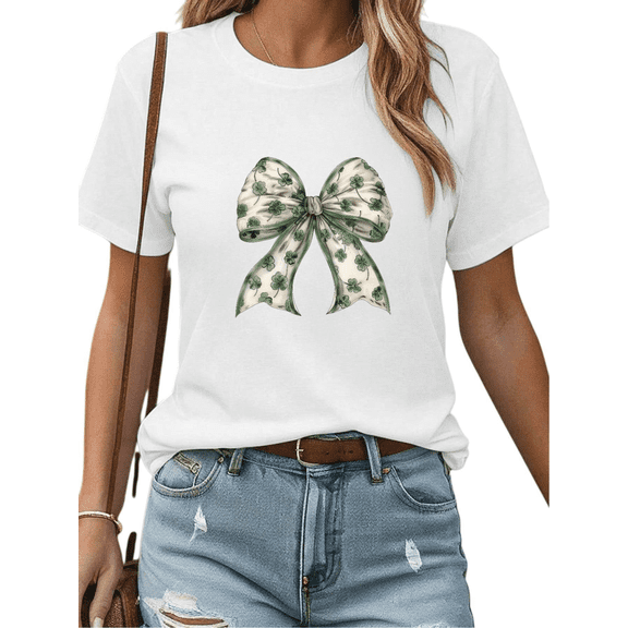 Graphic Tees Shirts Woman's Print Tshirt St. Patrick’s Day Satin Clover Bow Black S-5XL Festive Party Tops