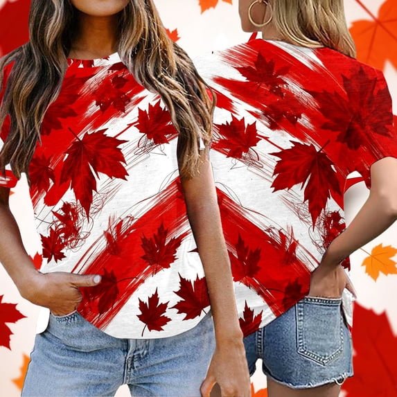 Graphic Tees for Women Canadian Themed Graphic Tee for Women Casual Short Sleeve Crewneck Everyday Comfortable Patriotic Holiday Apparel for Daily Wear Black S