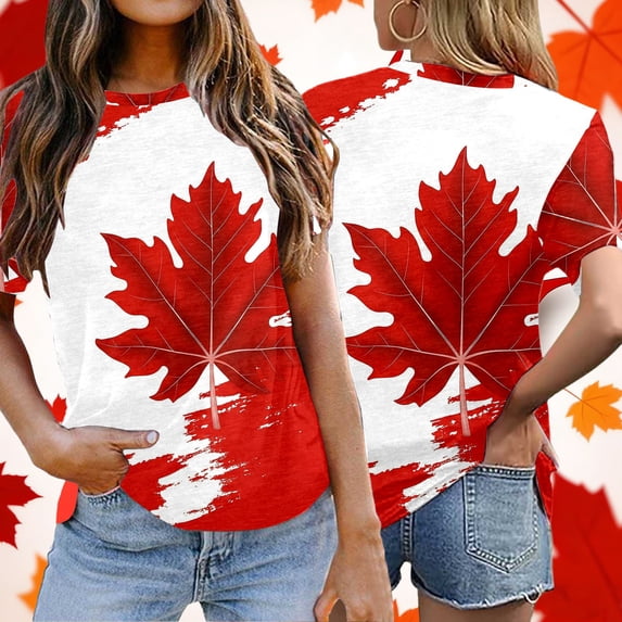 Graphic Tees for Women Canadian Themed Graphic Tee for Women Casual Short Sleeve Crewneck Everyday Comfortable Patriotic Holiday Apparel for Daily Wear Blue XL