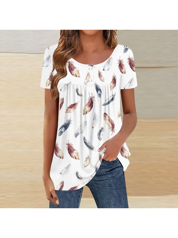 Graphic Tees for Women Casual Short Sleeve Blouse with Button-Down Front Tunic Top for Everyday Wear Women's T-Shirts Light and Comfortable Easy Fit Ideal for Spring and Fall White S