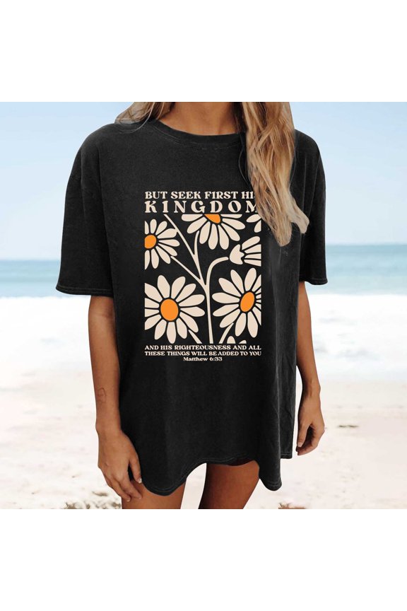 Graphic Tees for Women Elegant Everyday Comfort Women's T Shirts For Spring Summer Casual Round Neck Short Sleeve Tee With Graphic Print Platform Style Black XXL