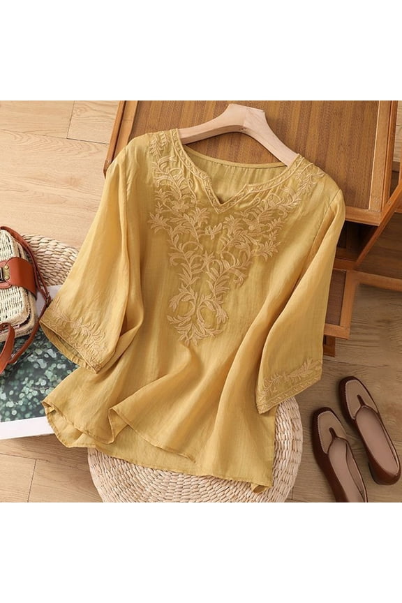 Graphic Tees for Women Embroidered Casual Tunic Top for Everyday Wear with V-Neck and Lightweight Fit Women’s T-Shirt Style Blouse for Spring and Autumn Yellow M