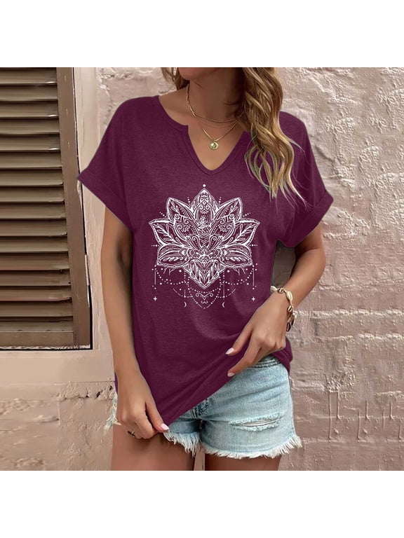 Graphic Tees for Women Fashion Print Top Loose V Neck T Shirt for Everyday Wear with Stylish Graphic Pattern and Versatile Styling for Spring and Summer on Women's T-Shirts Category Red M