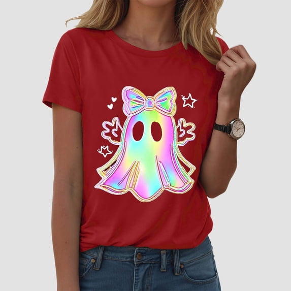 Graphic Tees for Women Halloween Graphic Short Sleeve Tee for Women Casual Round Neck Top Ideal for Summer Parties and by Seasonal Festivities Red XXL