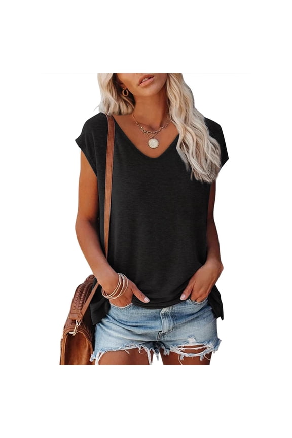 Graphic Tees for Women T-Shirt Spotlight Women's Cap Sleeve Summer Casual Tops V Neck Solid Color Loose Fit Blouse for Daily Comfort and Effortless Style Black XL