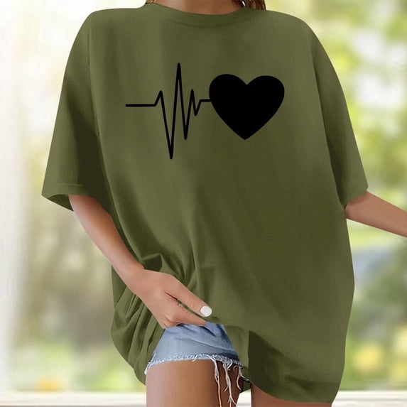 Graphic Tees for Women T-Shirts Women's Oversized Heartbeat Print Short Sleeve Round Neck Casual Tee for Women Daily Comfort Fit Graphic Top Green XXL