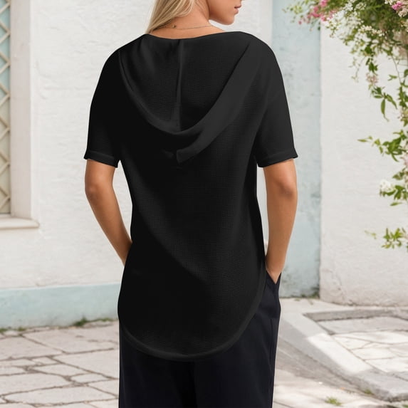 Graphic Tennis Tees for Women T-Shirts Women's Solid Color Summer Knit Short Sleeve Hooded Sweatshirt with for Everyday Comfort Stylish Relaxed Fit Black XXL