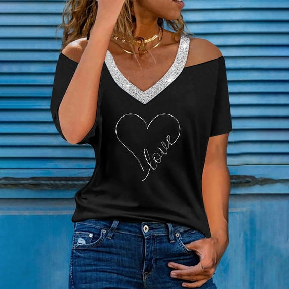 Graphic Tees for Women'summer V Neck Off The Shoulder Bright Drill Print Short Sleeve T Shirt Top Tennis Blouse for Women Lightweight Breathable Everyday Wear Gray XXL