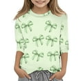 thumbnail image 1 of Graphic Tees for Girls Bowknot Print 3/4 Sleeve Round Neck Comfortable Mint Green Kids Fall Clothing for 7-8 Years, 1 of 3