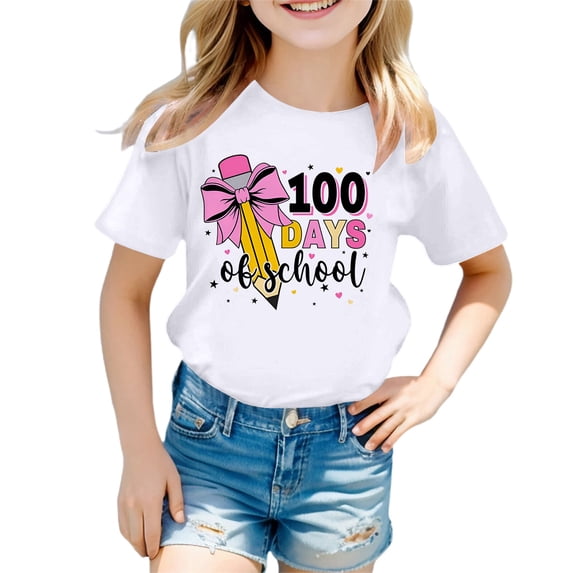 Graphic Tees for Girls Children Leisure Print Round Neck Loose Short Sleeve Tops Trendy