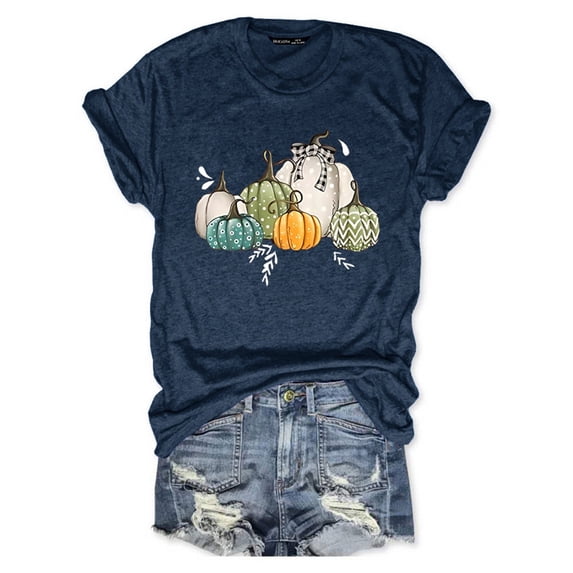 Graphic Tennis Tees for Women Autumn Halloween Pumpkin Fruit Printed T Shirt for Women Mommy Style Everyday Wear Comfort Fit Blue S