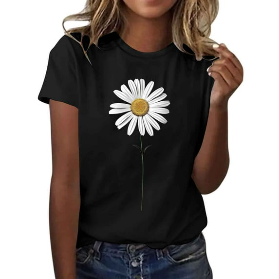 Graphic Tees for Women Boho Summer Crew Neck Short Sleeve Casual Tops Women's Vintage Floral Print T-Shirts New, 5-Black, XL