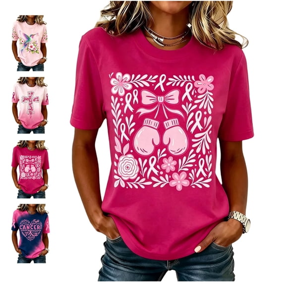 Graphic Tees for Women Breast Cancer Awareness Pattern Print T Shirts Short Sleeves Crew Neck Casual Tops