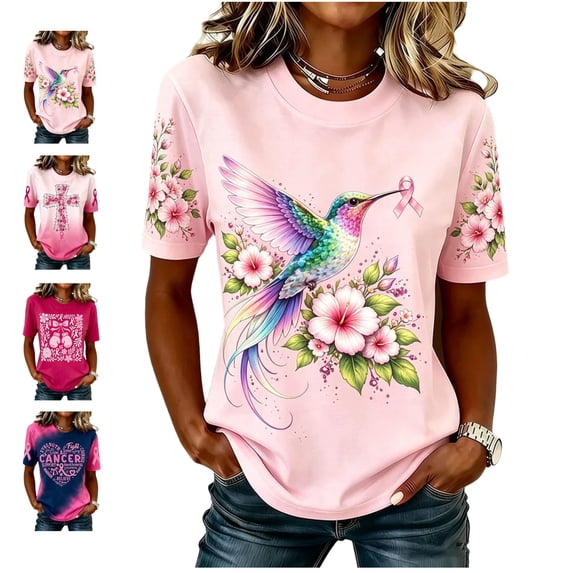 Graphic Tees for Women Breast Cancer Awareness Pattern Print T Shirts Short Sleeves Crew Neck Casual Tops