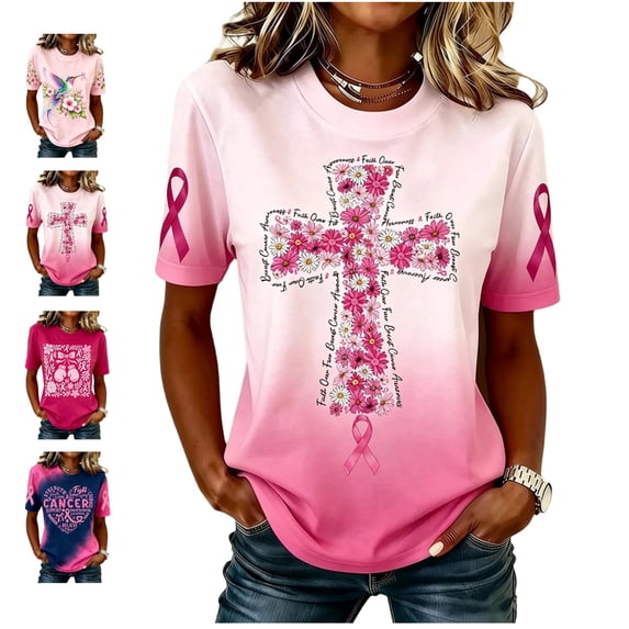 Graphic Tees for Women Breast Cancer Awareness Pattern Print T Shirts Short Sleeves Crew Neck Casual Tops