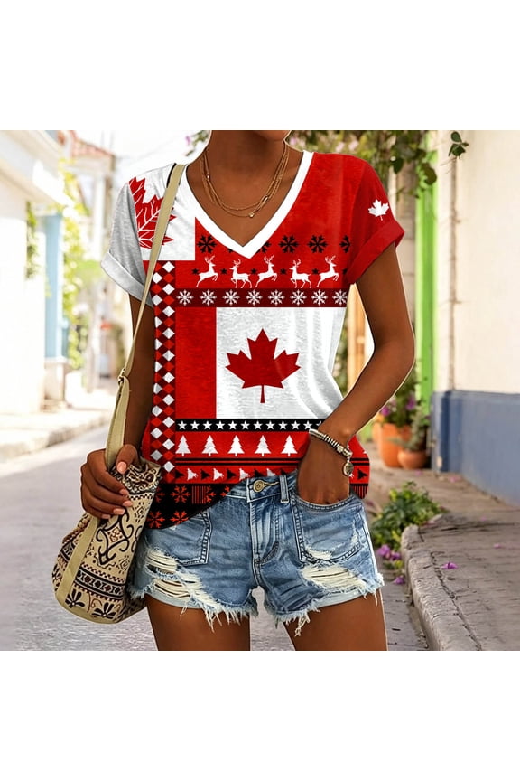 Graphic Tennis Tees for Women Canadian Graphic Short Sleeve T Shirt for Everyday Occasions with Patriotic Maple in Casual Comfort Red XXL