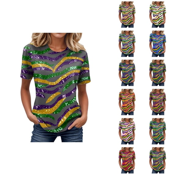 Graphic Tees for Women Carnival Graphic Short Sleeve Tee Crewneck Top Summer Wardrobe Shirt for Women