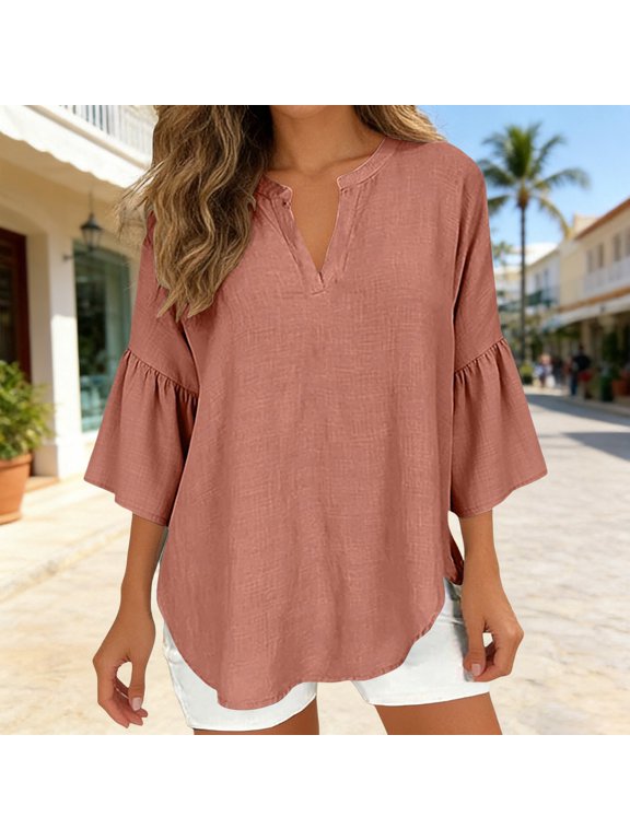 Graphic Tees for Women Casual Blend Top with Button-Down Front Relaxed Fit Lightweight breathable Summer Shirt for Daily Solid Color Easy Care Red S