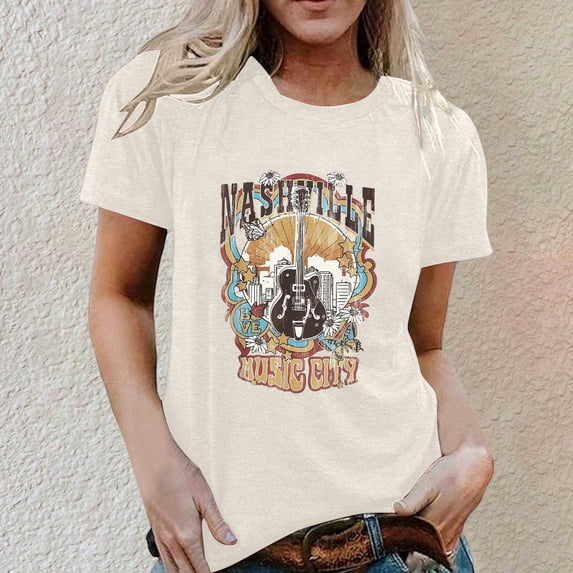 Graphic Tees for Women Casual Graphic Tee with Guitar Letter Print for Everyday Wear Round Neck Short Sleeve Standards Beige XXL