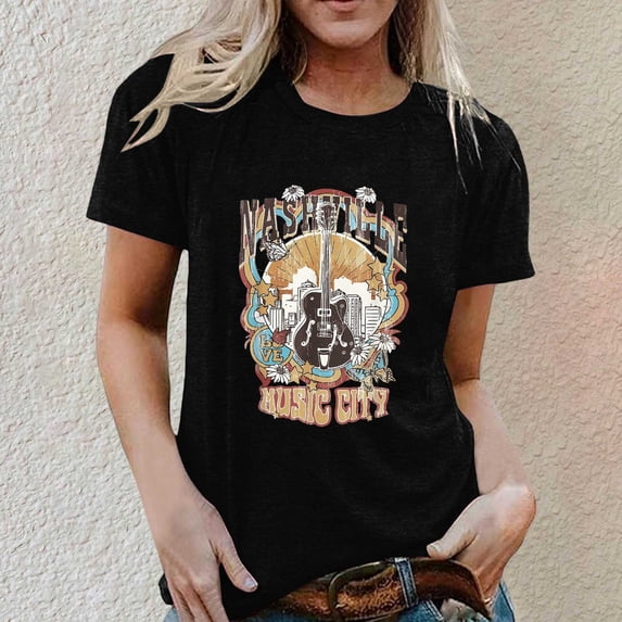 Graphic Tees for Women Casual Graphic Tee with Guitar Letter Print for Everyday Wear Round Neck Short Sleeve Standards Black S