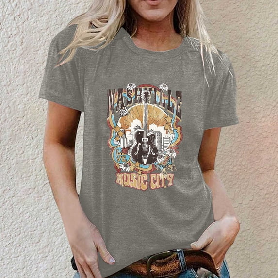 Graphic Tees for Women Casual Graphic Tee with Guitar Letter Print for Everyday Wear Round Neck Short Sleeve Standards Gray 3XL