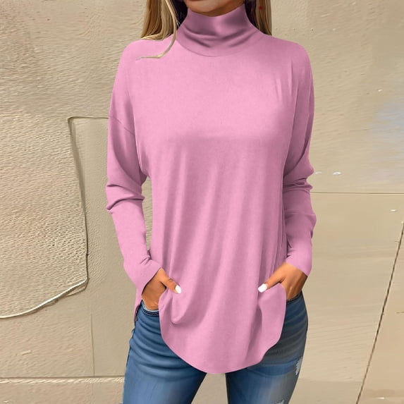 Graphic Tees for Women Casual Long Sleeve T Shirt Top for Autumn and Winter High Collar Solid Color Everyday Wear Stylish Women’s Top Pink L