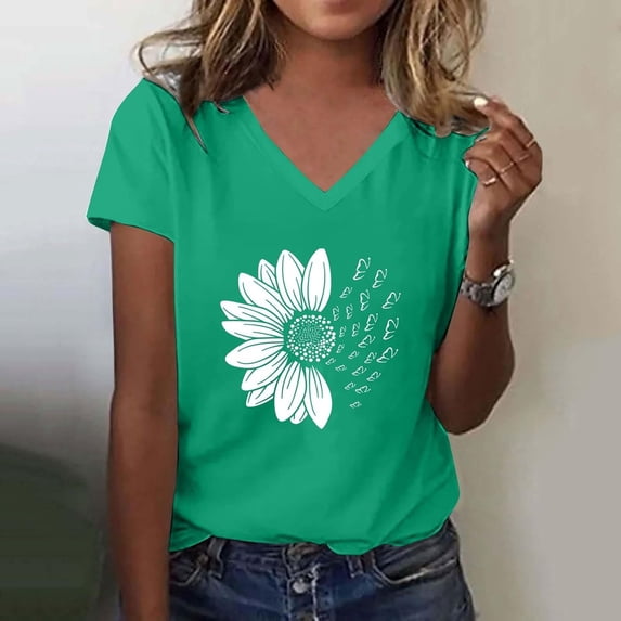 Graphic Tees for Women Casual Short Sleeve Round Neck Tee for Everyday Wear with Print Design in Breathable Comfort Green L