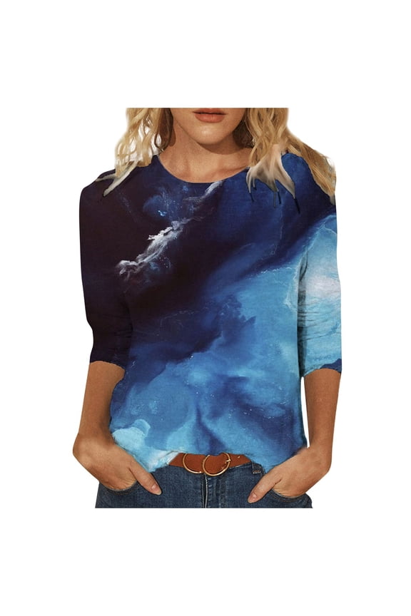 Graphic Tees for Women Crew Neck Fashion 3/4 Sleeve Mid Length Spring Printed Casual Refreshing Breathable Resistant Daily Navy Tank Tops Sizes S