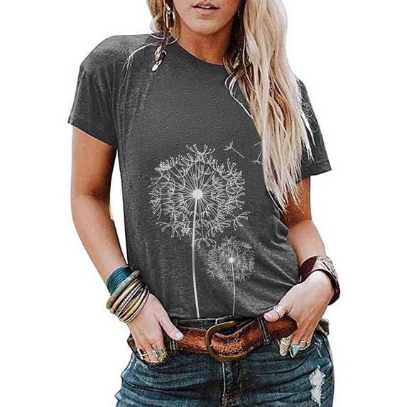 Graphic Tees for Women Floral Print Short Sleeve T Shirt Top for Everyday Casual Wear Women’s Round Neck Tee Gray XXL