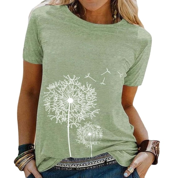 Graphic Tees for Women Floral Print Short Sleeve T Shirt Top for Everyday Casual Wear Women’s Round Neck Tee Green L