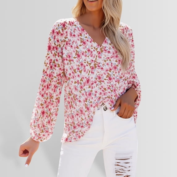 Graphic Tees for Women Floral V Neck Long Sleeve T Shirt Top for Everyday Wear in Spring and Autumn Pink S