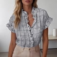 thumbnail image 1 of Graphic Tees for Women French Style Summer Plaid Short Sleeve Tennis Blouse with Ruffled Collar for Women Casual Tee for Everyday Wear Gray M, 1 of 5