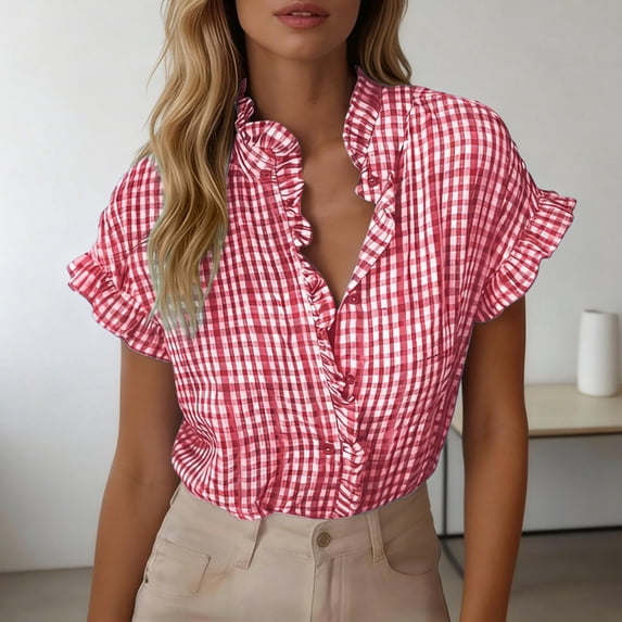Graphic Tees for Women French Style Summer Plaid Short Sleeve Tennis Blouse with Ruffled Collar for Women Casual Tee for Everyday Wear Red M